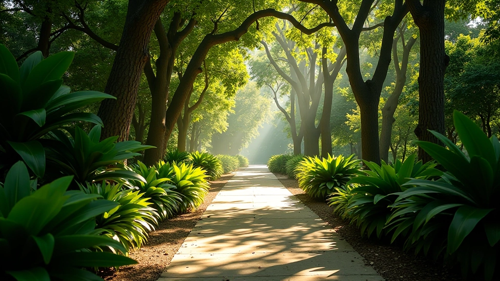Sendero arbolado del Jardín Botánico con luz natural mañanera
