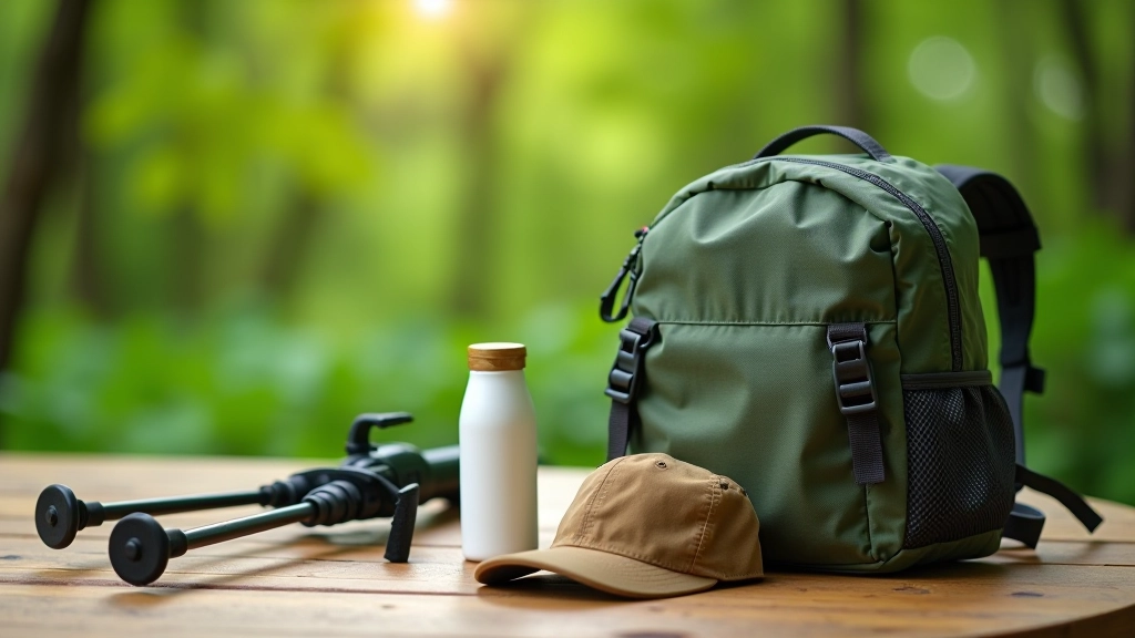 Accesorios de senderismo organizados incluyendo gorra, bastones y mochila pequeña sobre una mesa de madera