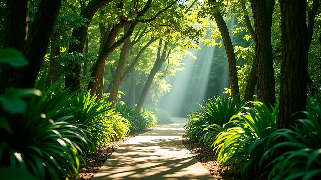 Sendero sombreado en el jardín botánico con luz natural filtrándose entre las hojas verdes de los árboles