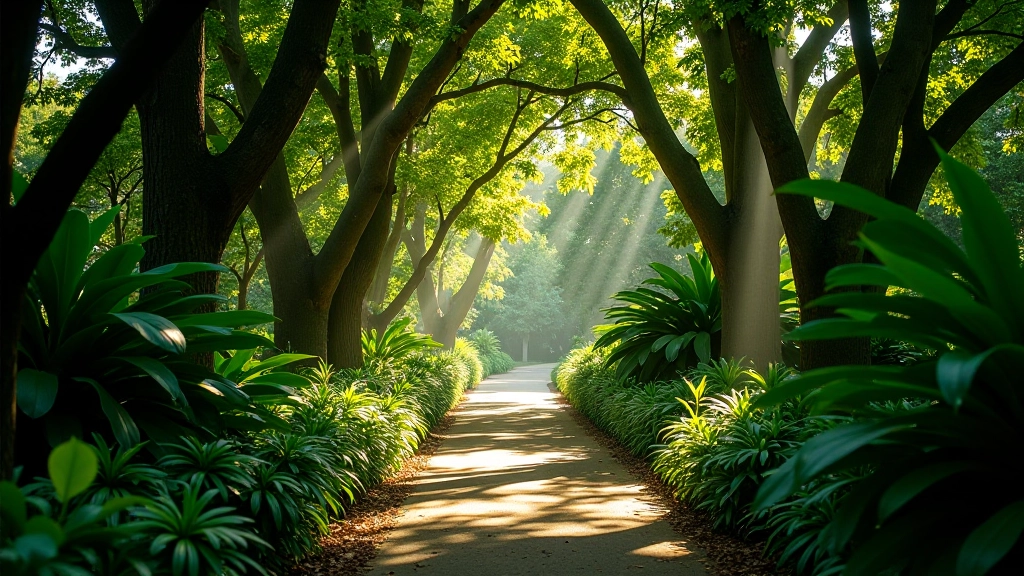Sendero sombreado del Jardín Botánico con árboles maduros y vegetación exuberante